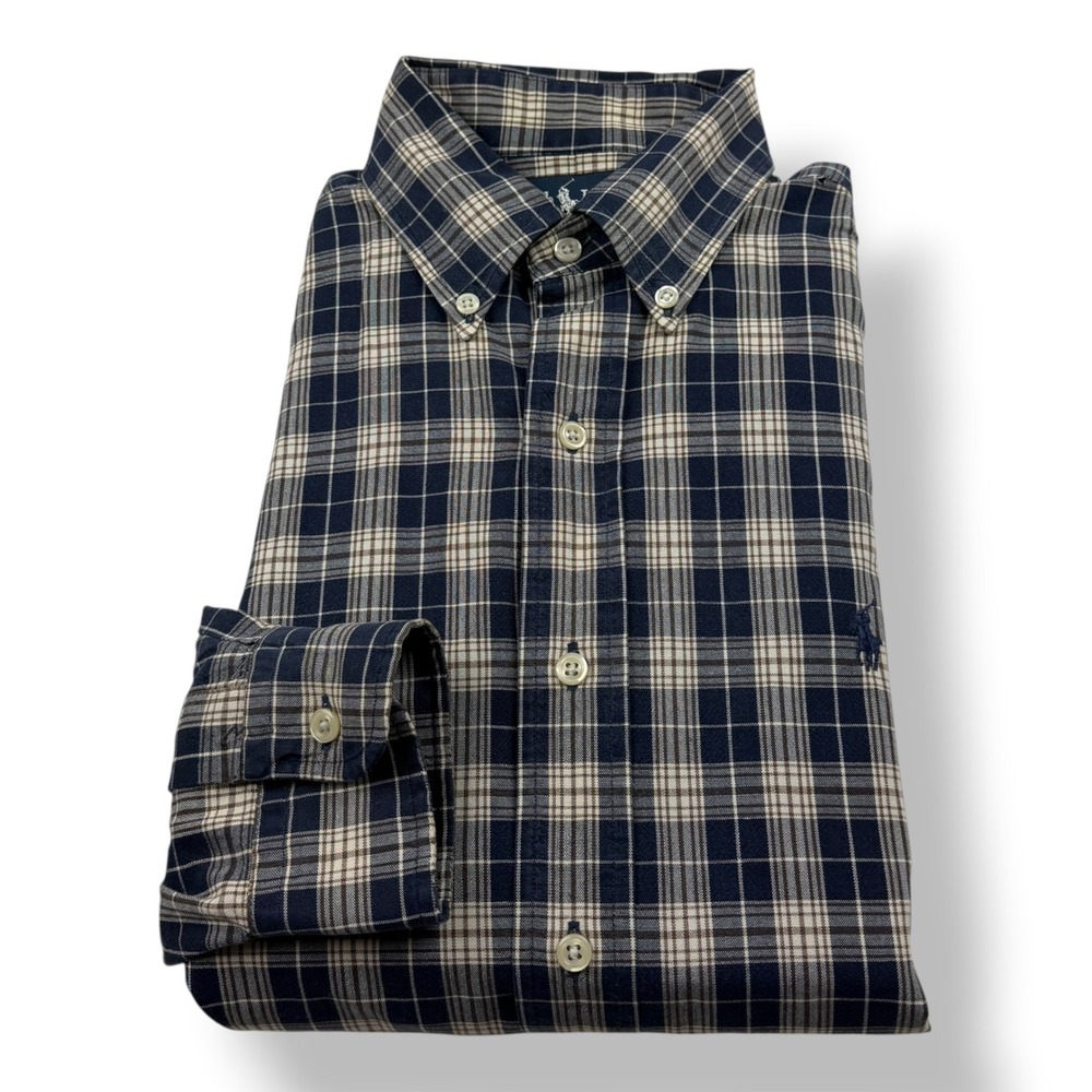 Ralph Lauren Blaire Mens Medium Navy Blue Plaid Cotton‎ Button Down Shirt